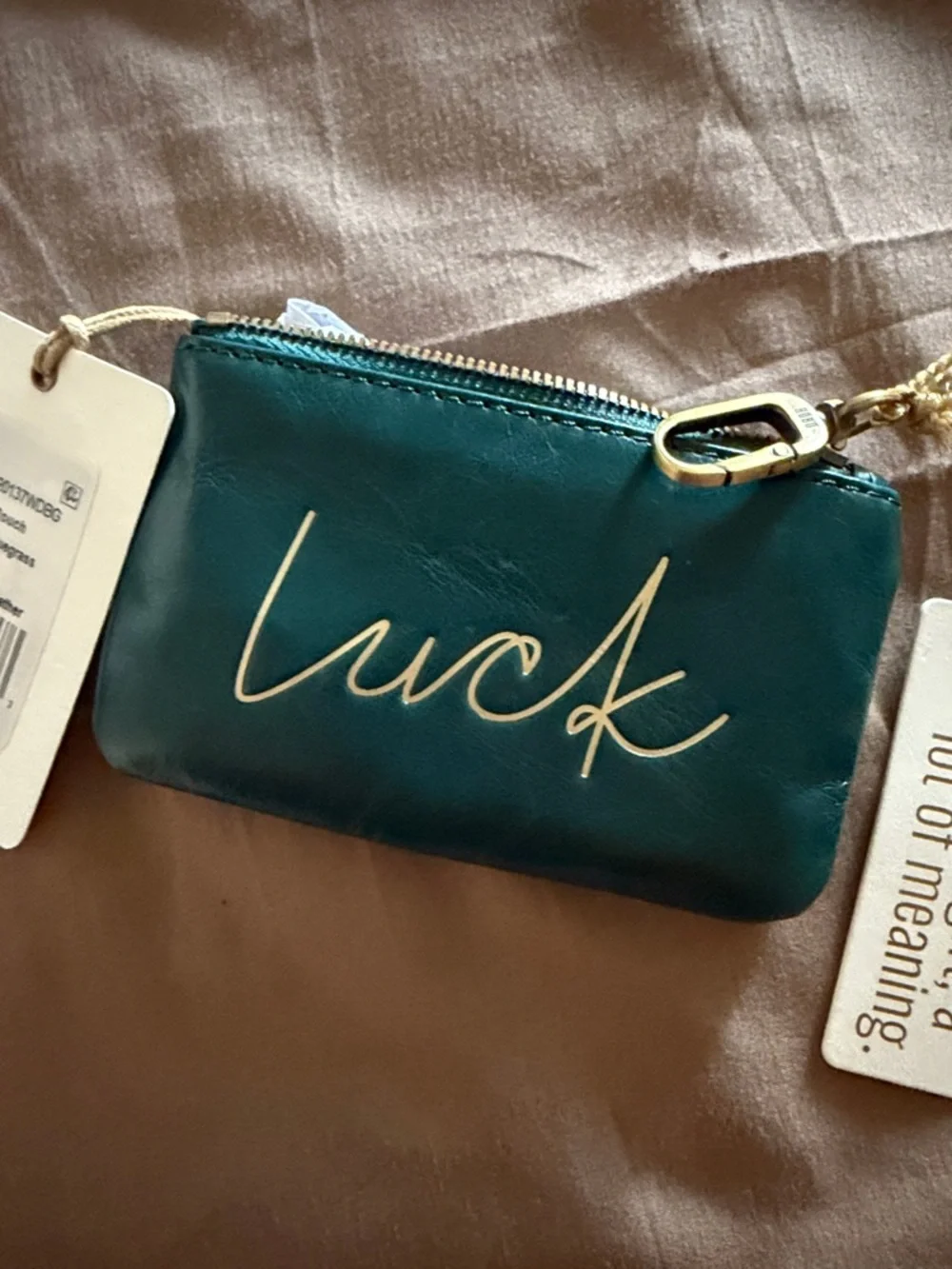 HOBO Teal Leather 'luck' Zip Pouch with Gold Script - Picture 3 of 5